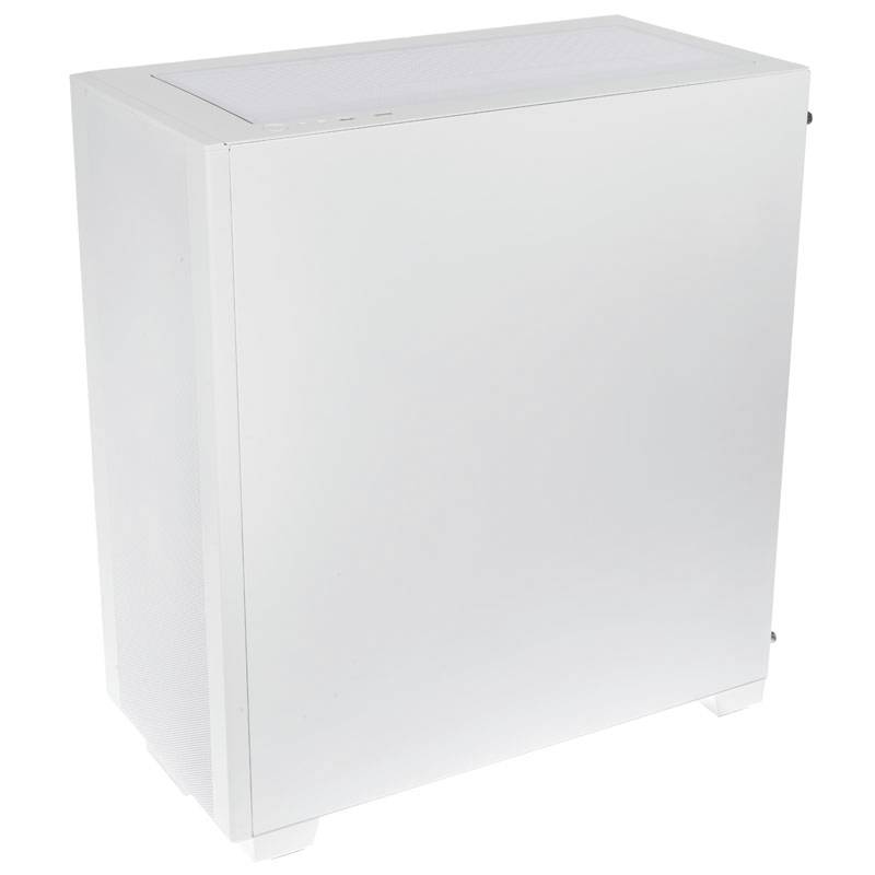 Bílý počítačový kryt v minimalistickém designu, bez rozpoznatelných log nebo ozdob. Stojí vzpřímeně a je lehce viditelný z boku.