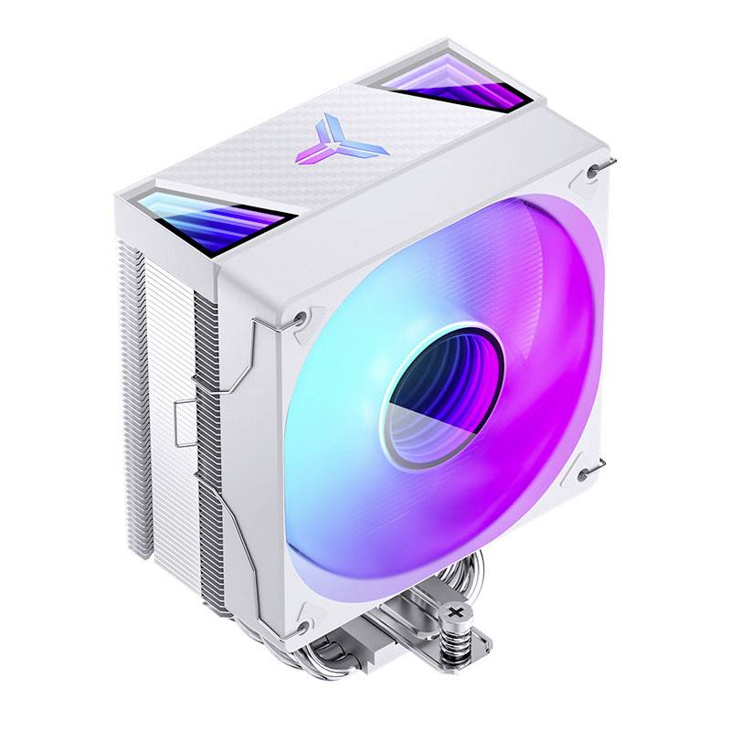 Bílý chladič CPU s velkým kulatým ventilátorem osvětleným zářivými duhovými barvami na neutrálním pozadí.
