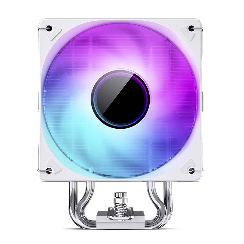 Počítačový ventilátor s RGB podsvícením v odstínech fialové a modré, upevněný na kovovém rámu, je zobrazen čelním pohledem.