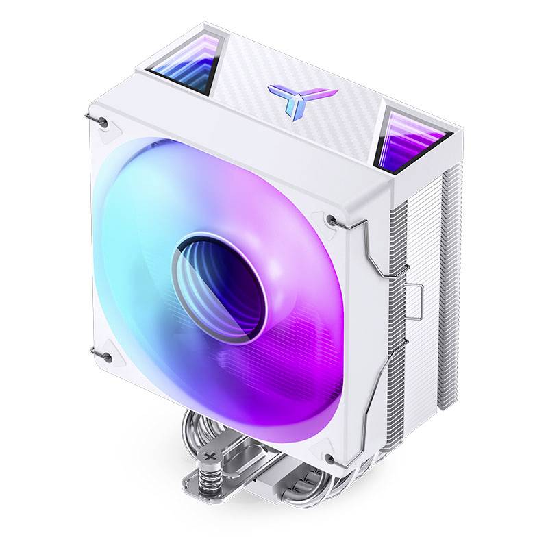 Počítačový procesorový chladič s bílým krytem a ventilátorem, který svítí modrými a fialovými světly. Ideální pro chlazení PC.