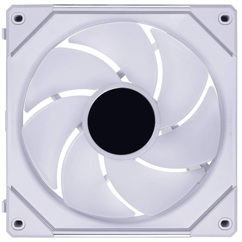 Bílý počítačový ventilátor s osmi zahnutými listy v čtvercové skříni, umístěný uprostřed.