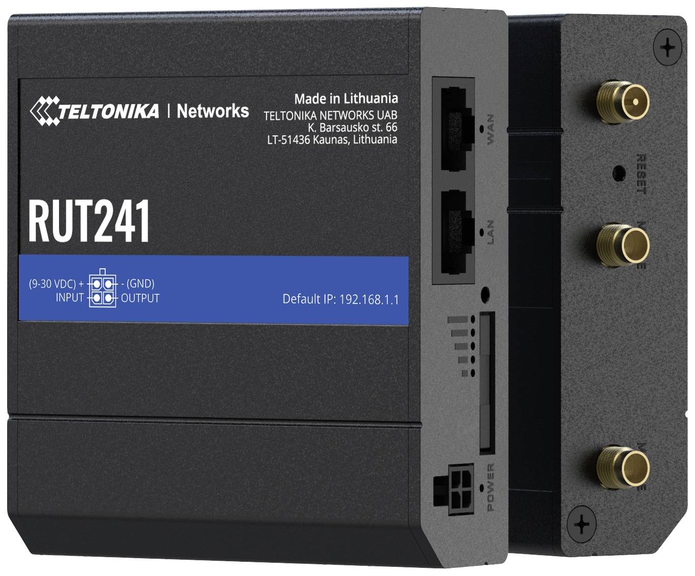 Router-modem se dvěma LAN porty a třemi anténními konektory na boku. Potisk: 'RUT241', původ: Litva.