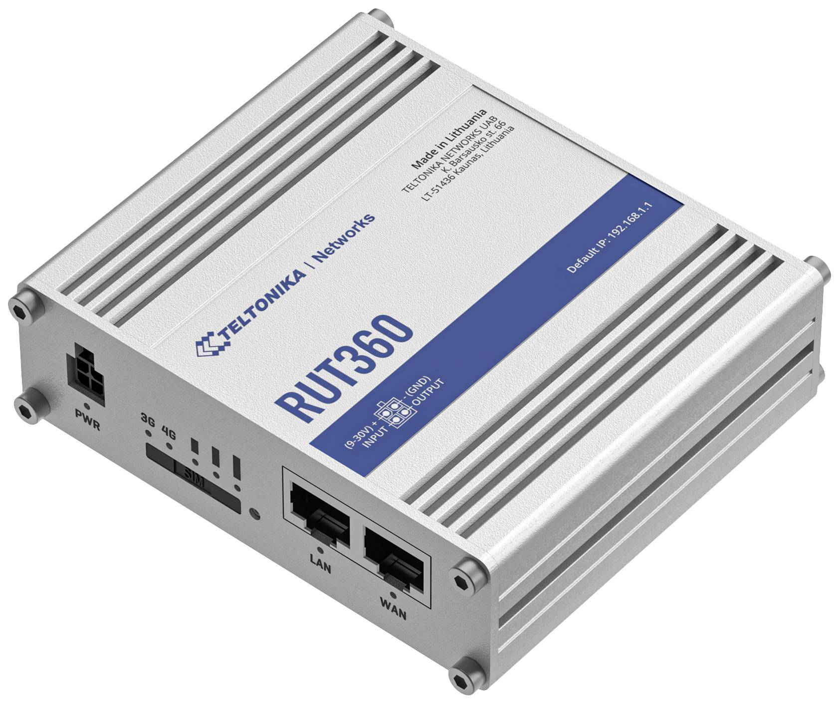 Stříbrný síťový router s modrým pruhem po straně. Popis: 'TELTONIKA RUT360'. Přední strana: LAN a WAN porty.