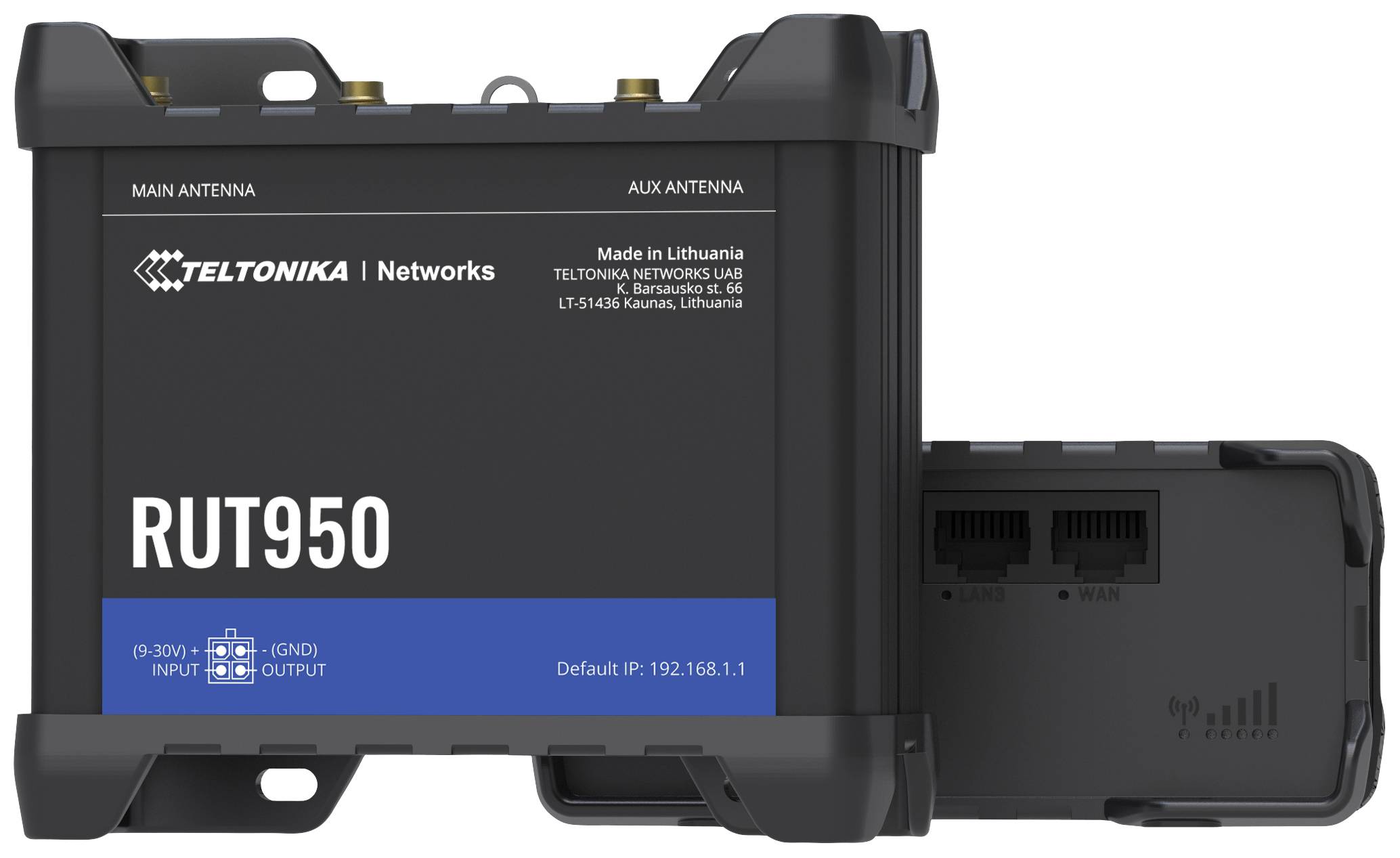 Černý mobilní router s nápisem „RUT950" na přední straně. Jsou viditelné dva ethernetové porty a anténní konektory.