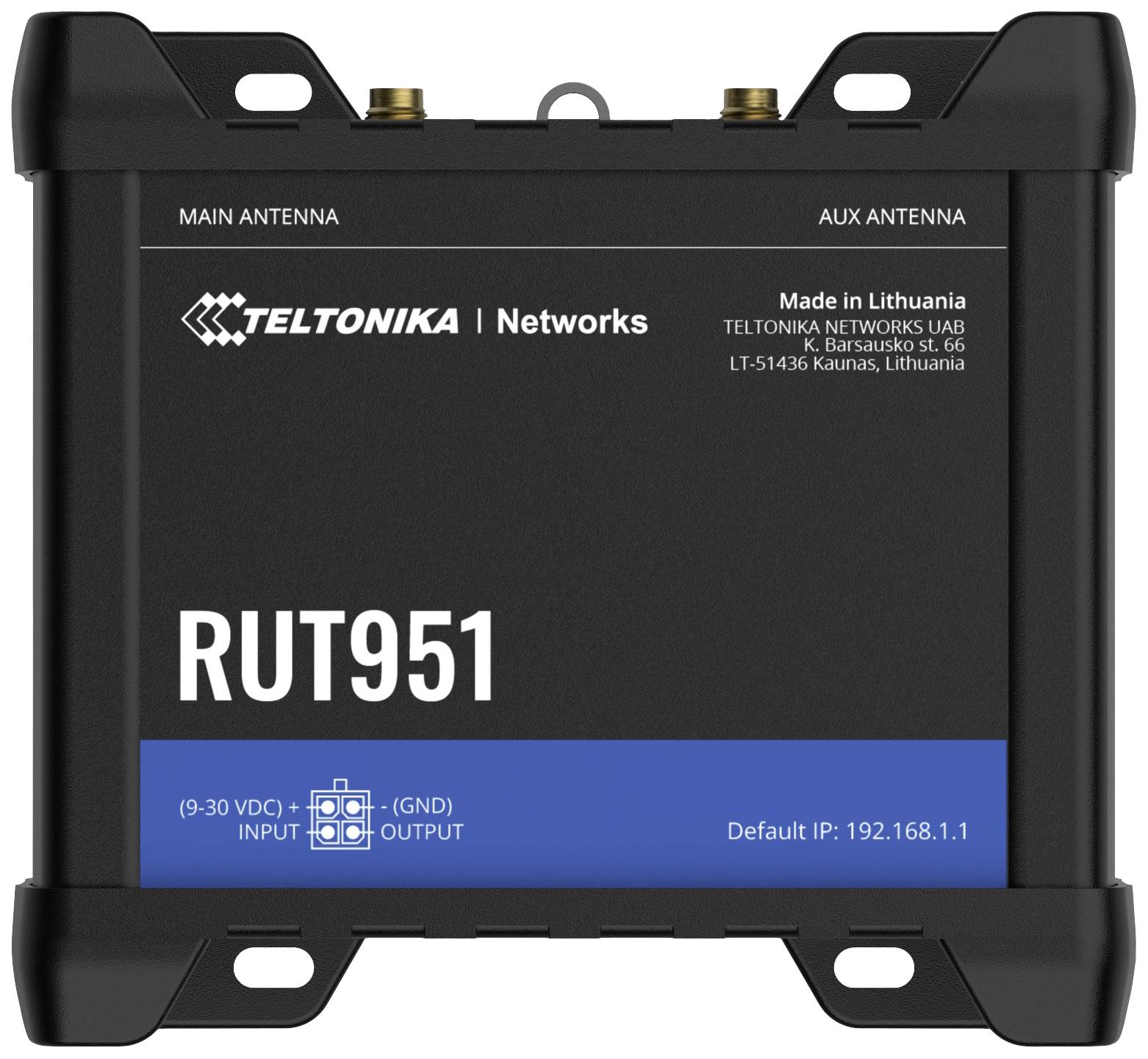 Černý router Teltonika RUT951 se dvěma anténními vstupy nahoře. Text: „Vyrobeno v Litvě", Výchozí IP: 192.168.1.1.