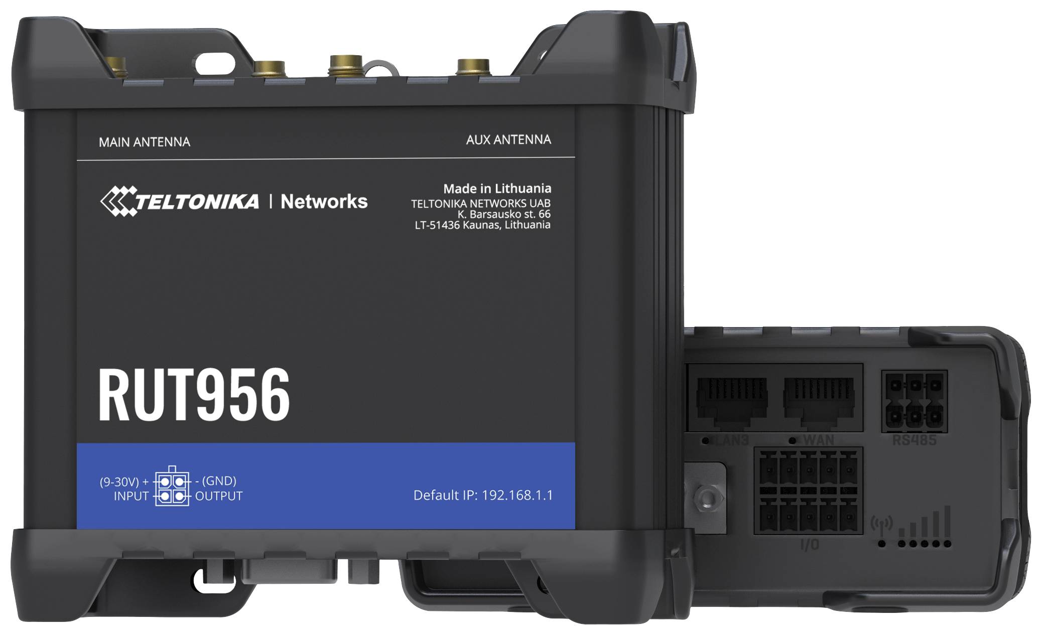 Obrázek zobrazuje černý router s nápisem 'RUT956' od společnosti Teltonika Networks. Na zadní straně jsou viditelné různé konektory.
