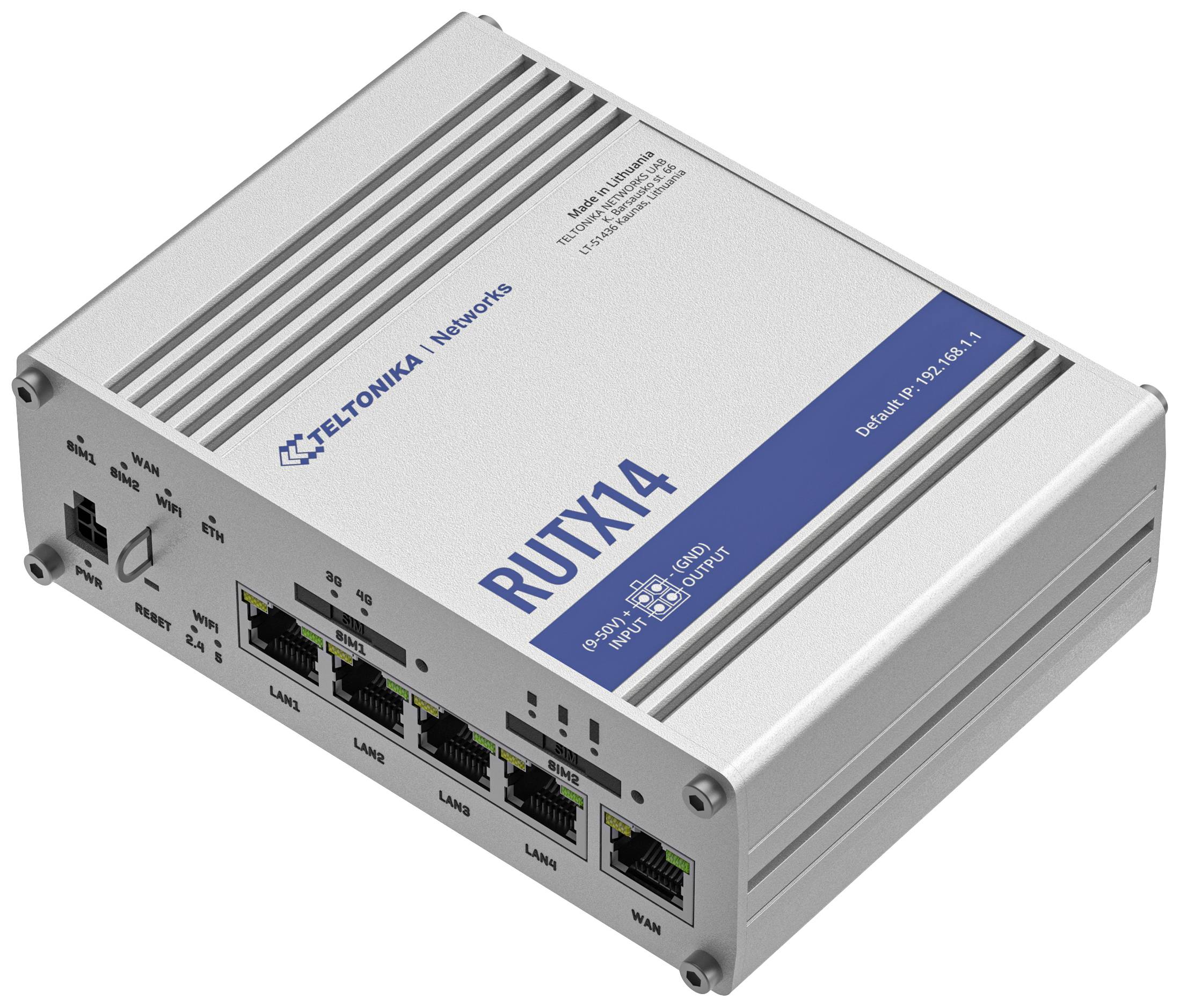Stříbrný router od Teltoniky s několika LAN a WAN porty, model RUTX14. Vhodný pro průmyslové síťové aplikace.