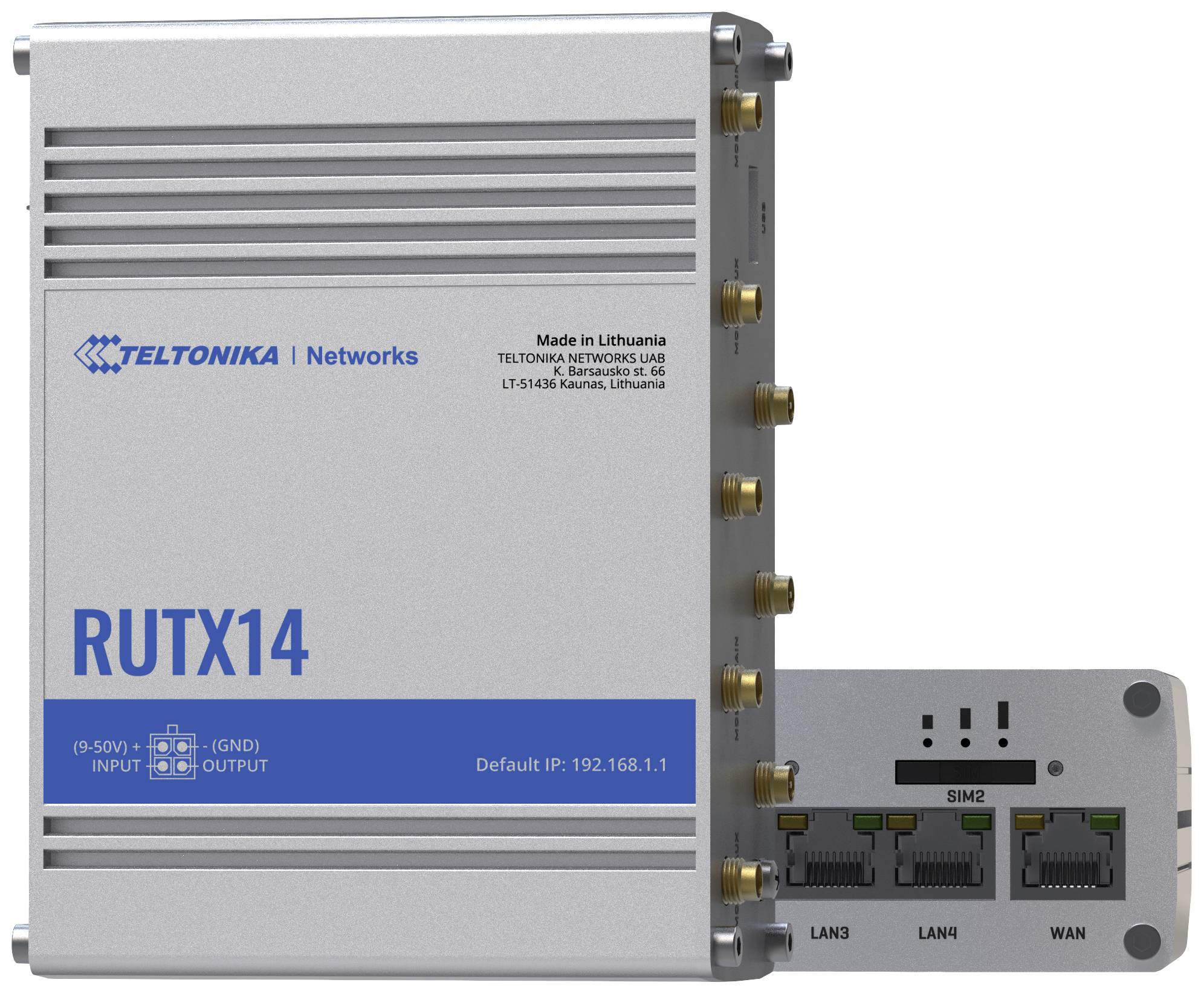 Průmyslový router 'RUTX14' od Teltoniky s několika LAN a SIM kartovými sloты. Podporuje síťový vstup a výstup.