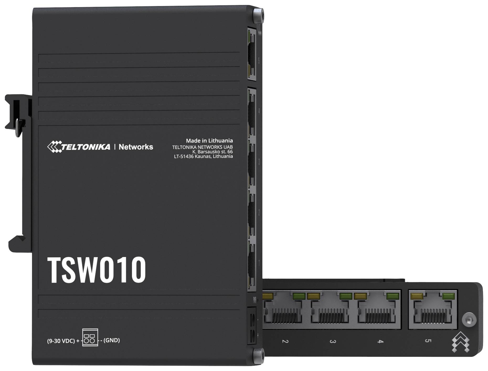 Síťový switch od Teltoniky s modelovým číslem TSW010, černé provedení, nabízí několik ethernetových portů pro připojení.