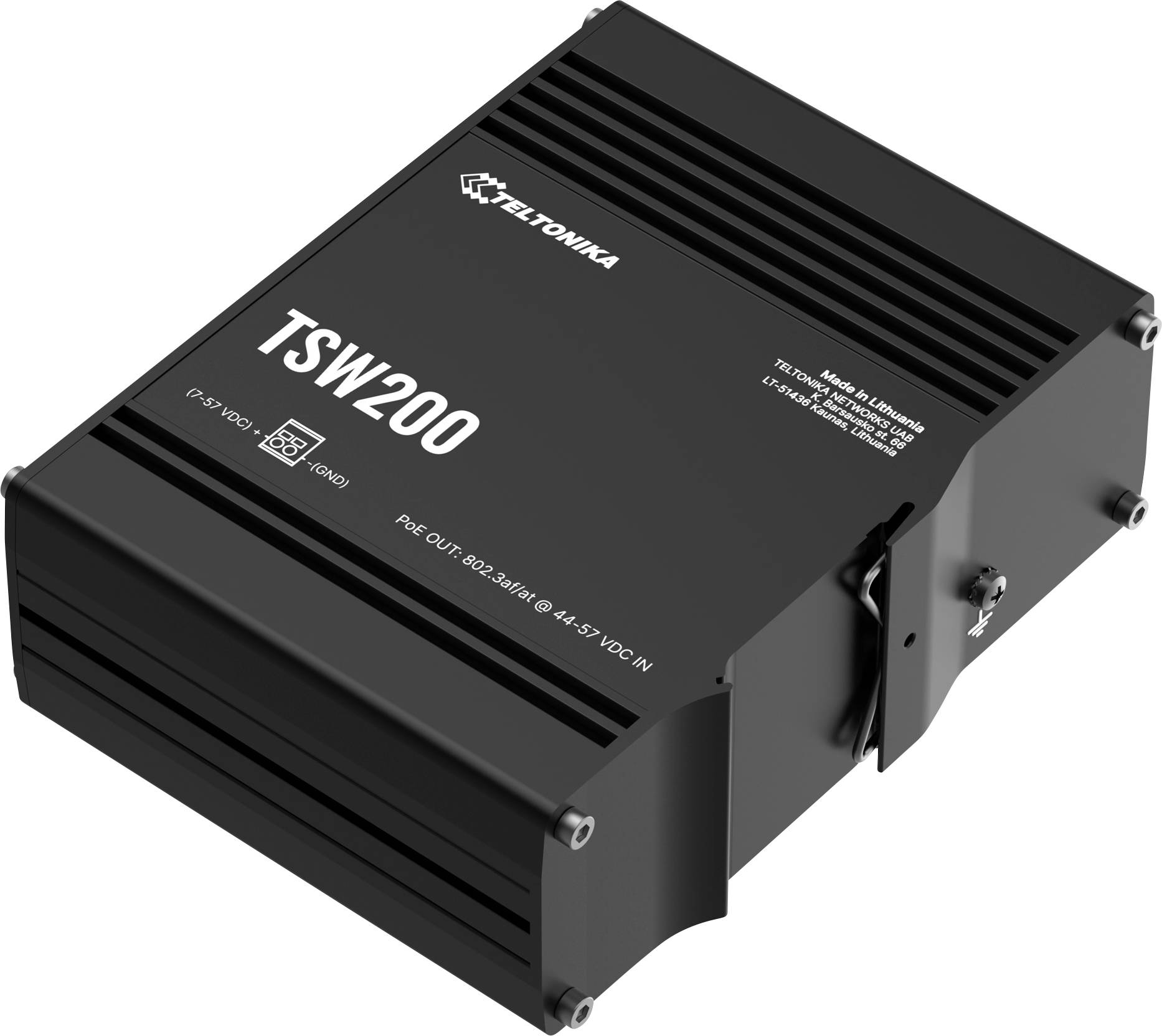 Černý průmyslový ethernetový přepínač Teltonika TSW200 zobrazený v úhlovém pohledu produktu.