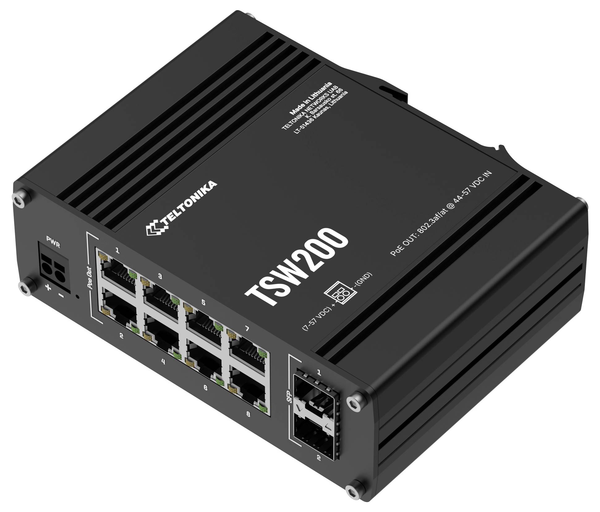 'TSW200' síťový switch od společnosti Teltonika s více ethernetovými porty a podporou PoE. Text na zařízení: 'Vyrobeno v Litvě'.