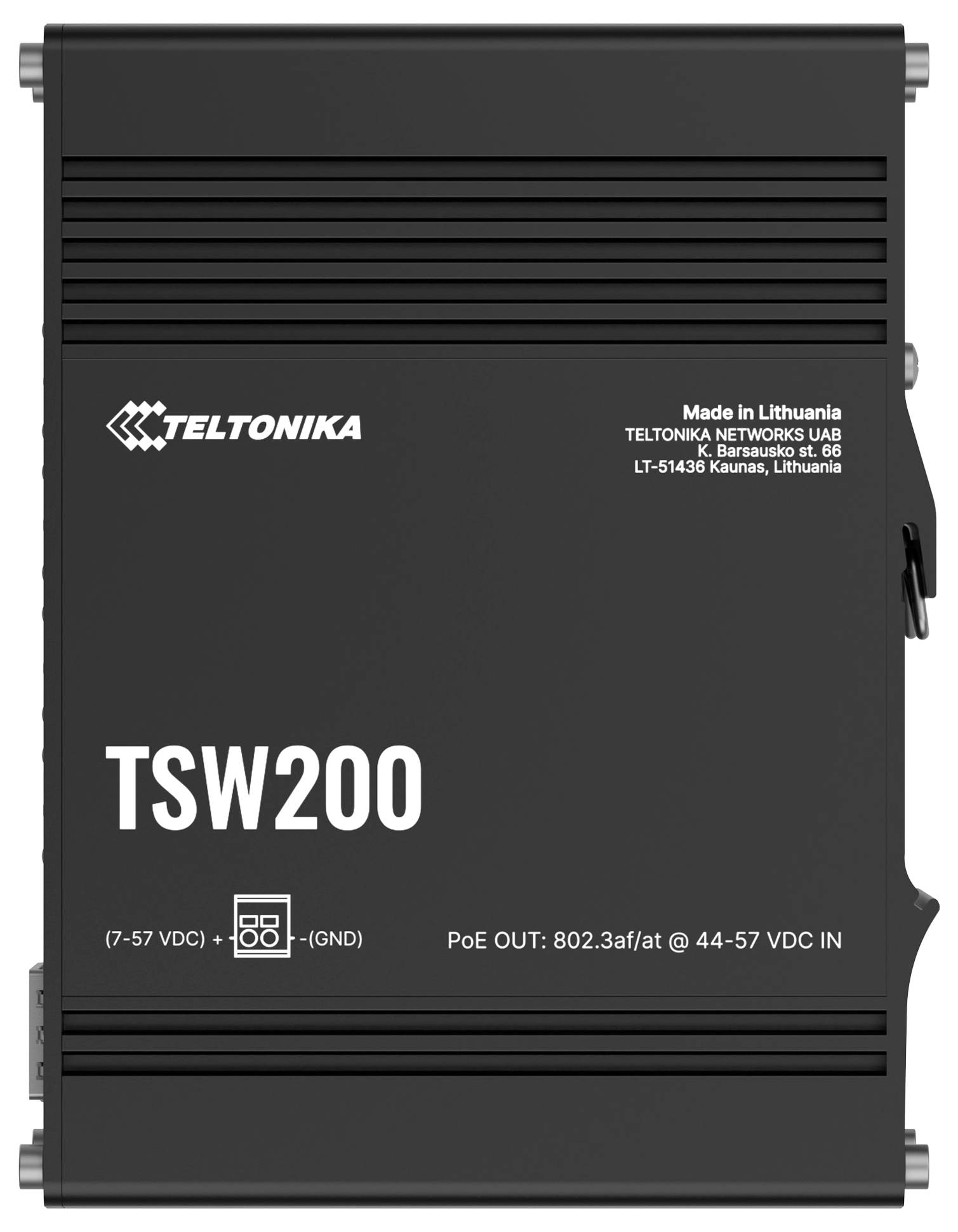 Šedostříbrný síťový switch 'TSW200' od společnosti Teltonika Networks s několika ethernetovými porty a robustním kovovým pouzdrem.