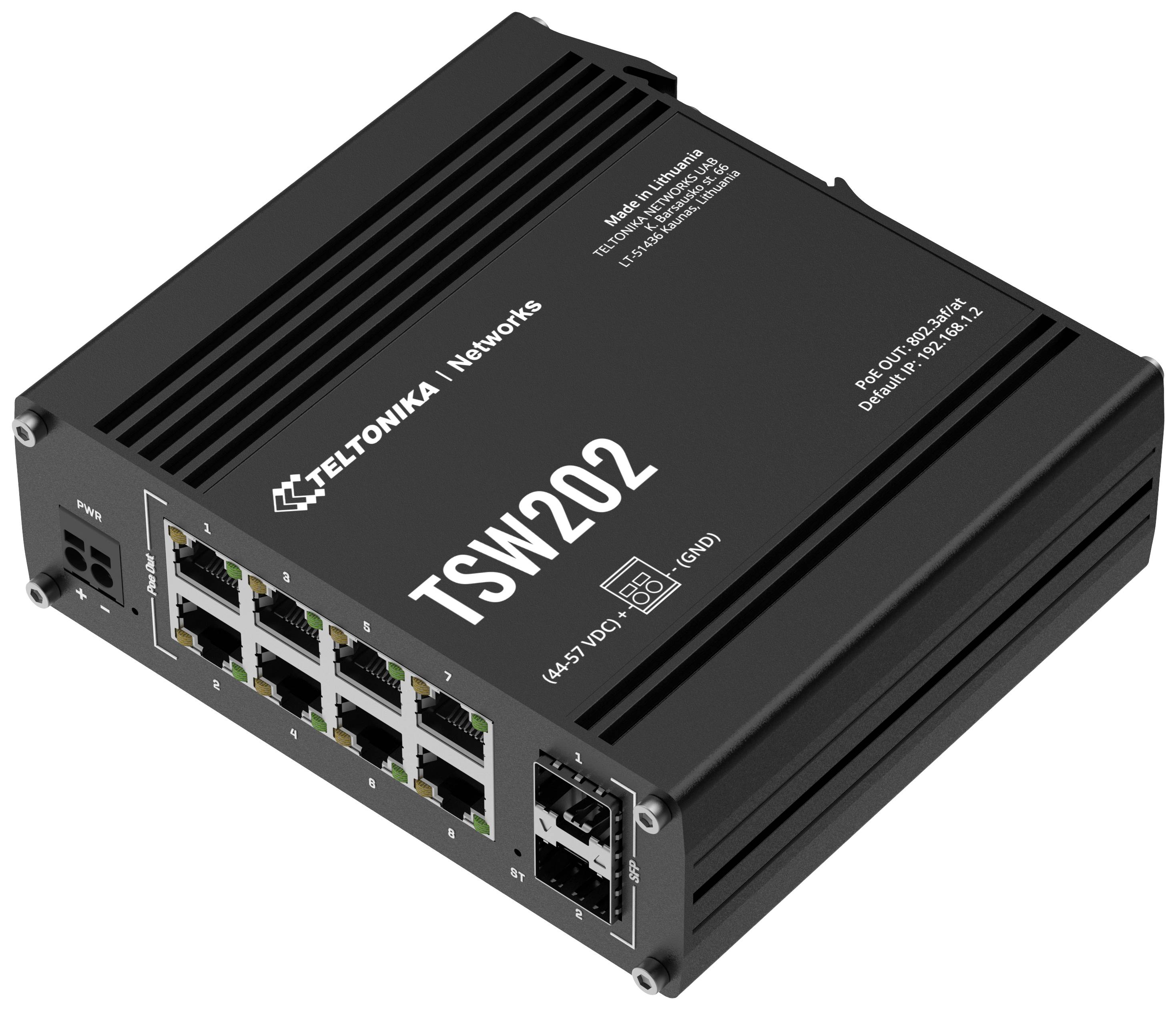 Černý síťový switch od společnosti Teltonika s označením 'TSW202', vybavený několika ethernetovými porty.