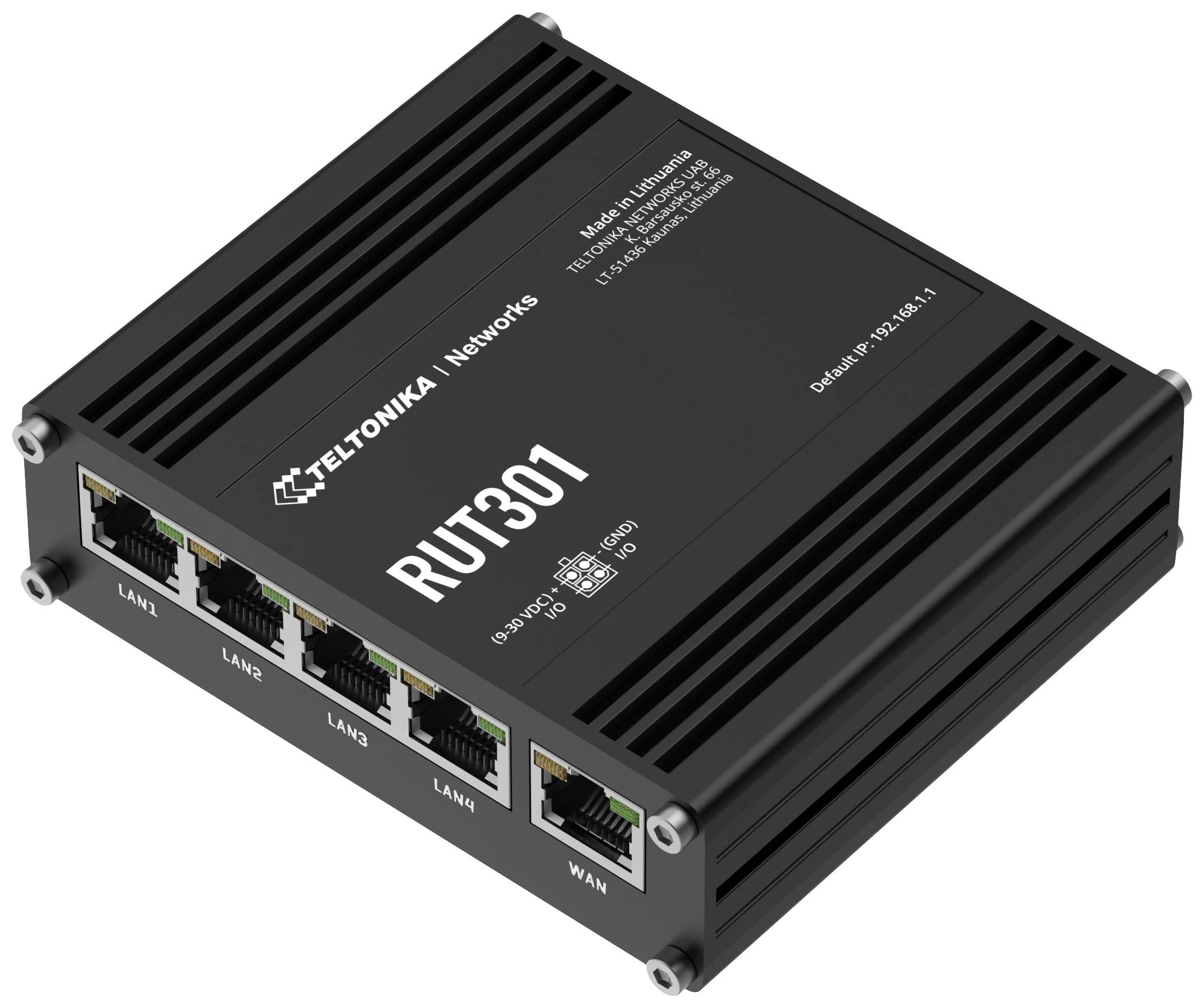 Černý síťový router označený štítkem 'RUT301' s porty pro LAN1 až LAN4 a WAN.