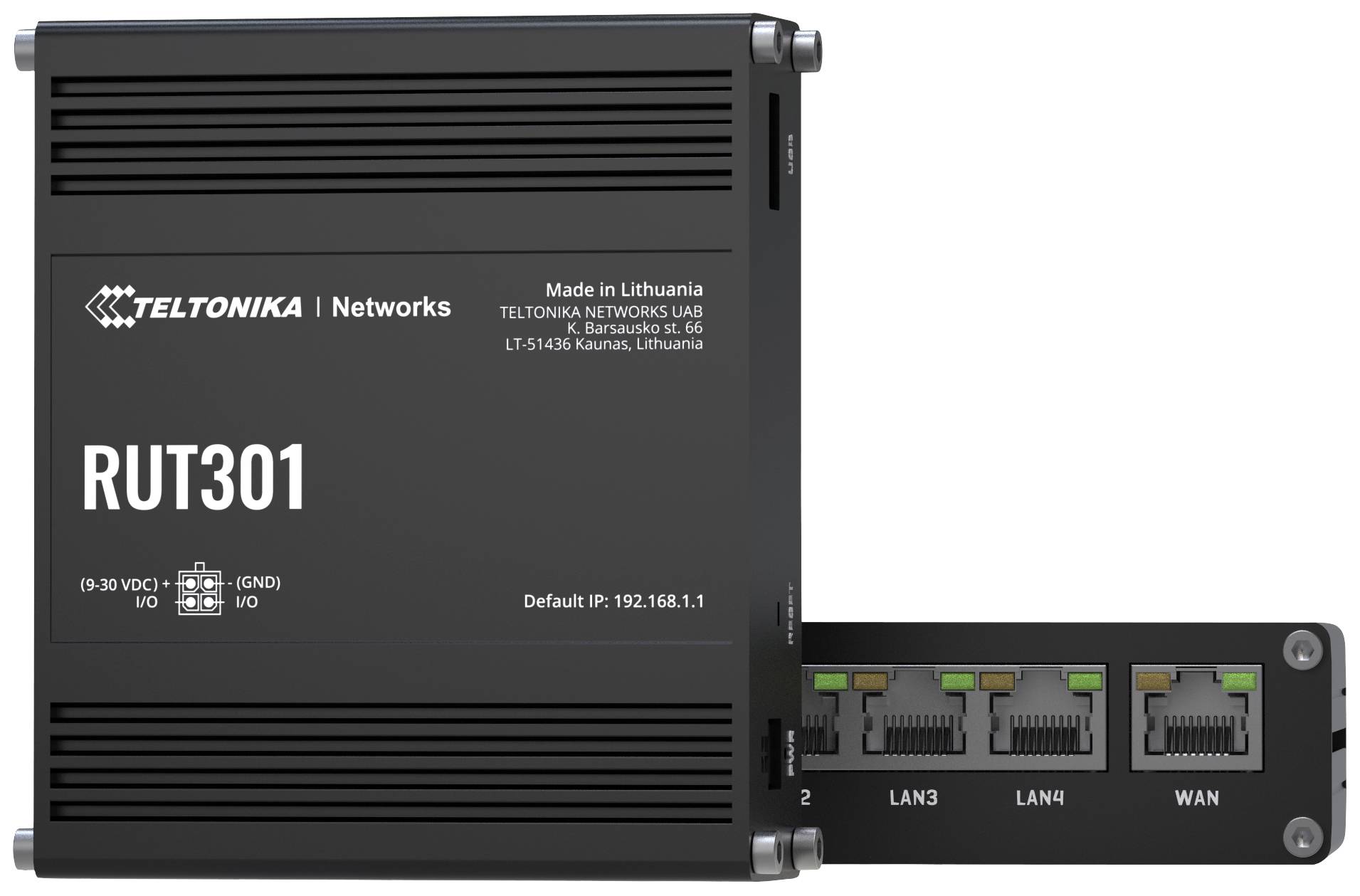 Průmyslový síťový router 'Teltonika RUT301' se čtyřmi ethernetovými porty. Vhodný pro robustní síťová prostředí.