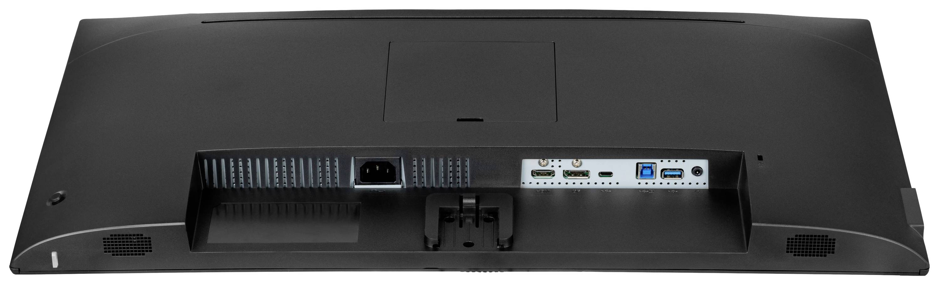 Pohled zezadu na monitor počítače s konektory: HDMI, DisplayPort, USB a napájecí konektor. Větrací mřížka viditelná vlevo.