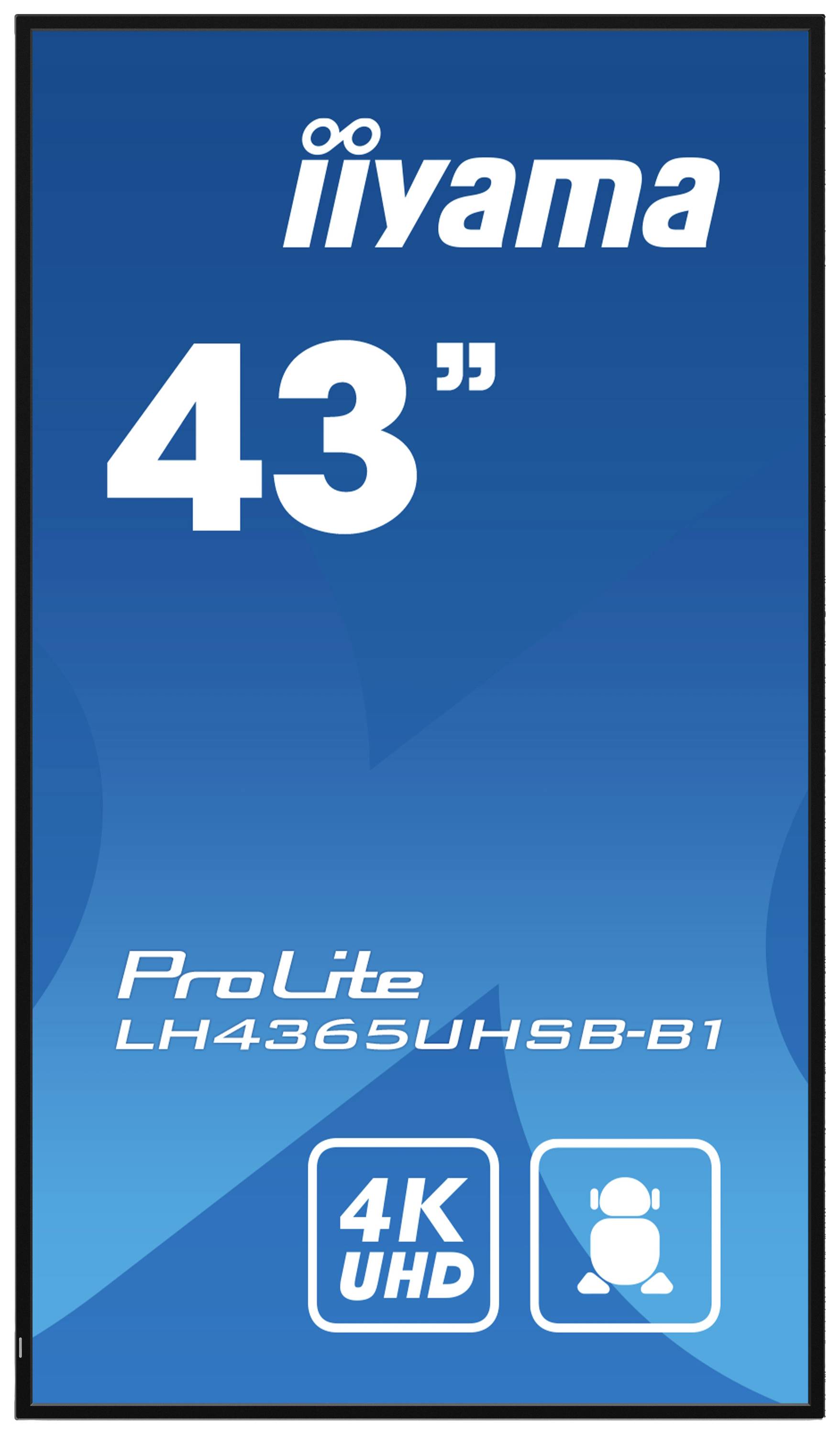 43palcový displej iiyama s modelovým číslem LH4365UHSB-B1, s rozlišením 4K UHD, vhodný pro aplikace digitálního značení.