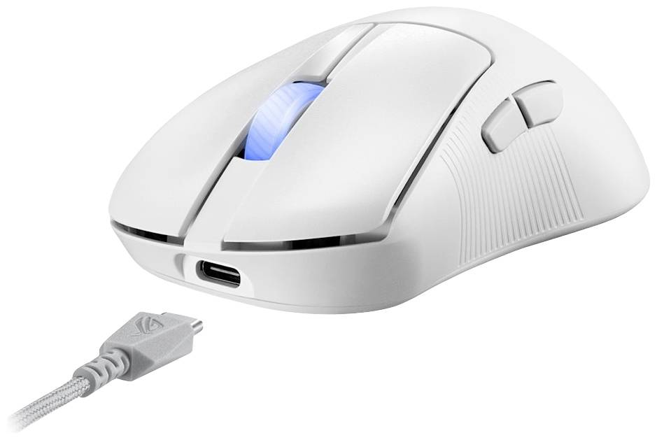 Bílá počítačová myš s modrými osvětlenými prvky a USB-C konektorem, viditelné boční tlačítka; vhodná pro hraní her nebo kancelářskou práci.