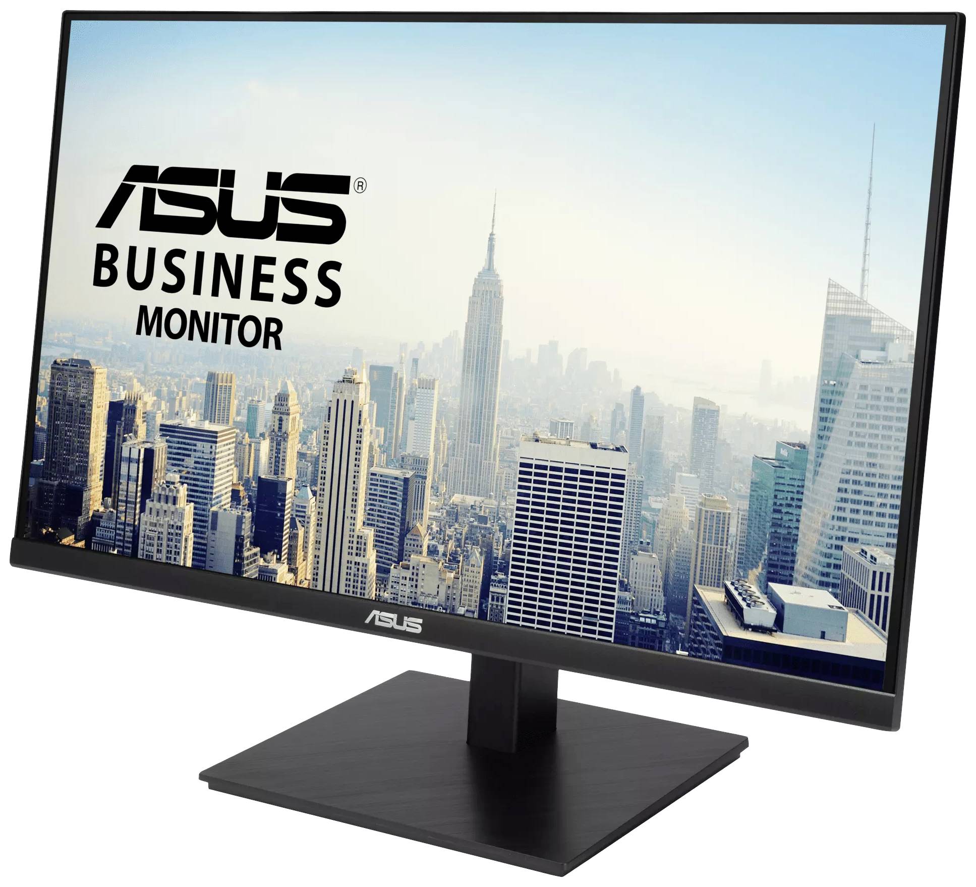Obchodní monitor Asus zobrazuje pohled na město s mnoha mrakodrapy za denního světla.