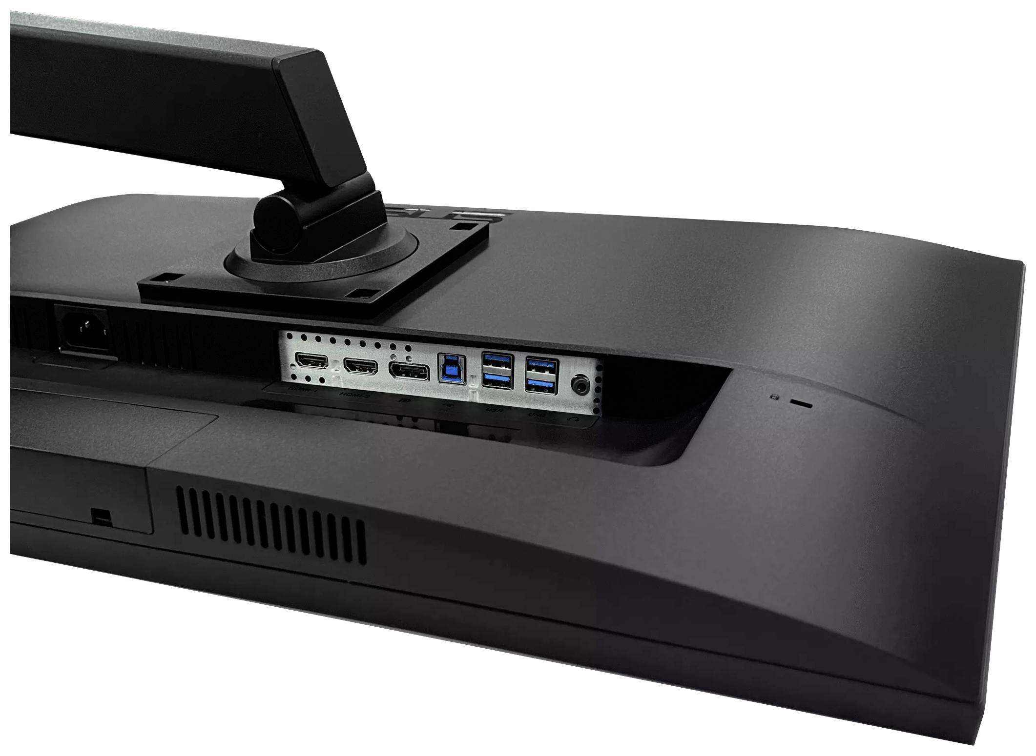 Zadní strana počítačového monitoru s několika připojovacími porty, jako jsou HDMI, DisplayPort a USB.