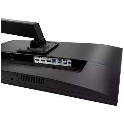 Zadní strana počítačového monitoru s několika připojovacími porty, jako jsou HDMI, DisplayPort a USB.