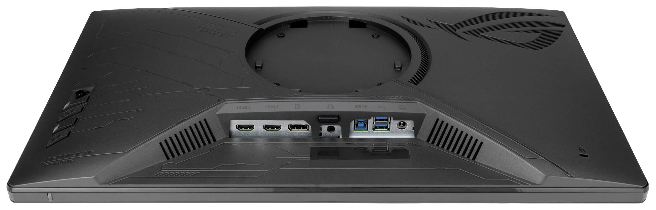 Pohled zezadu na monitor počítače s konektory: HDMI, DisplayPort, USB a Jack pro sluchátka. Logo ROG viditelné v pravém horním rohu.
