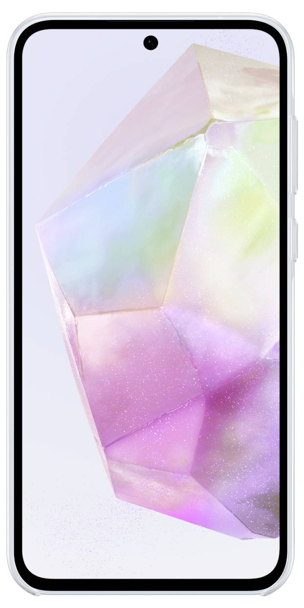 Smartphone s holografickým geometrickým designem na displeji. Design ukazuje duhovité barevné tóny v růžové, zelené a modré barvě.