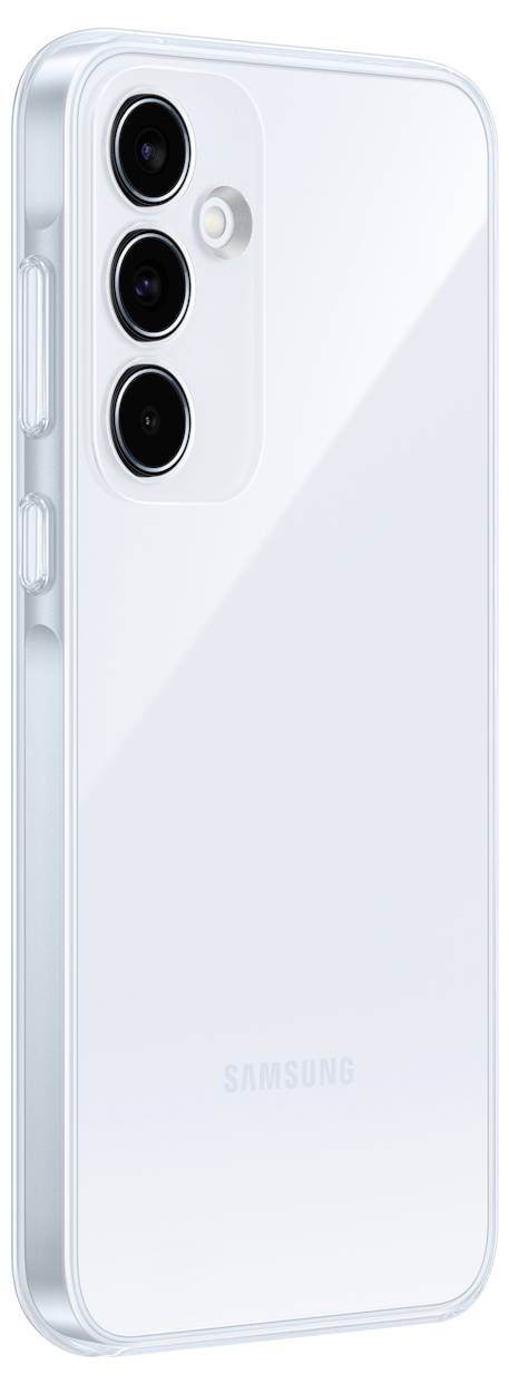 Smartphone s průhledným pouzdrem ukazuje zadní stranu a tři objektivy fotoaparátu.