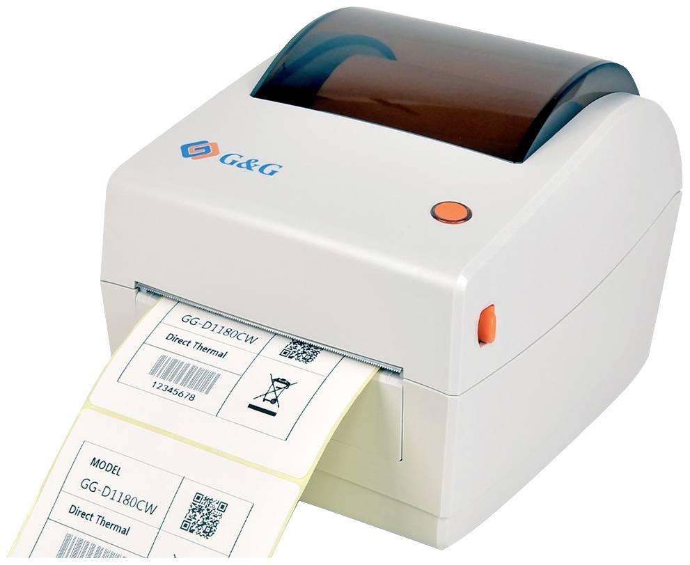 Tiskárna tiskne štítky s QR kódy a texty 'Direct Thermal' a 'GG-D1180CW'. Tiskárna je bílá s oranžovým tlačítkem.