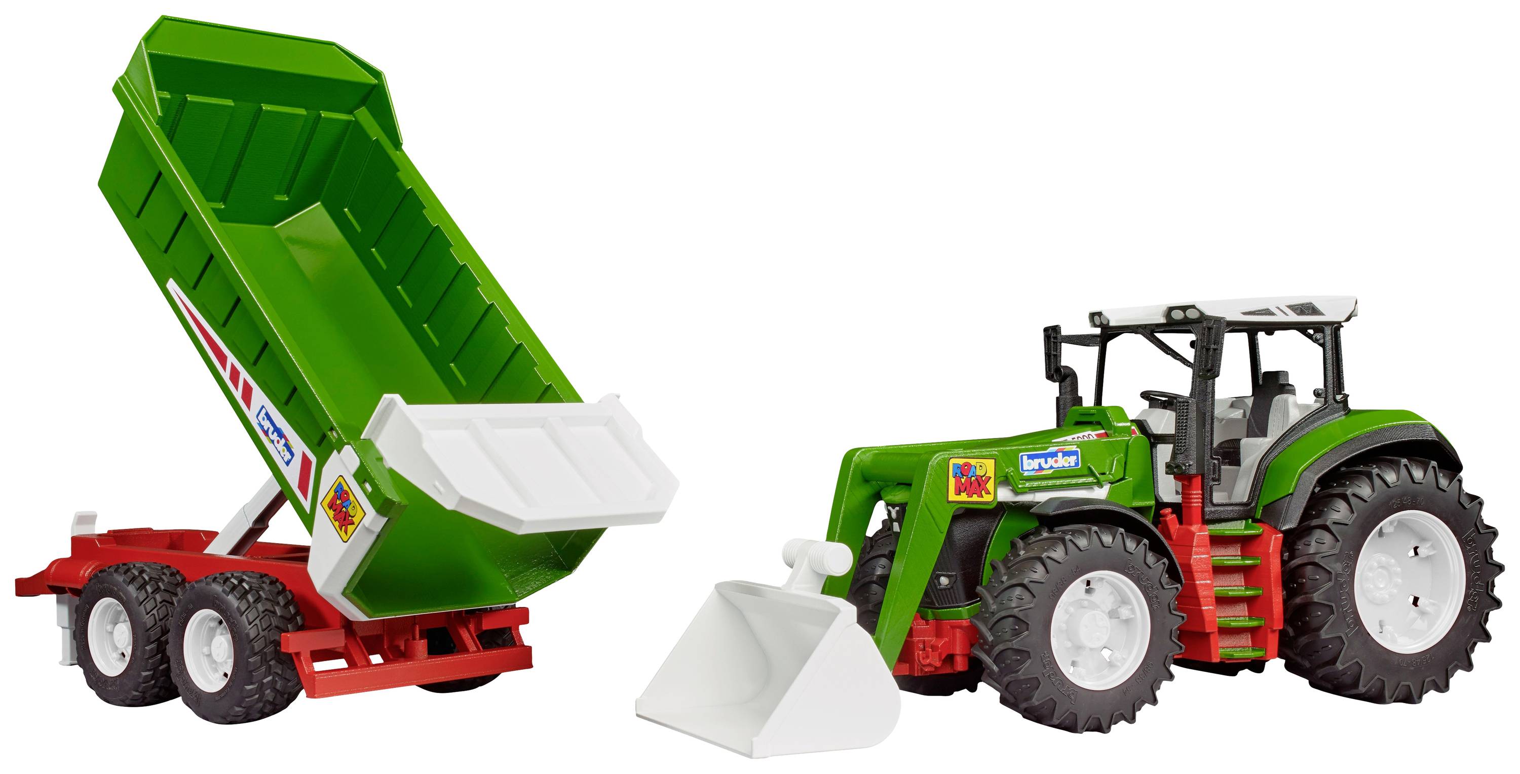 Zelený hračkový traktor s přívěsem a lžící, navržený pro děti, zobrazený s vyklopeným přívěsem.