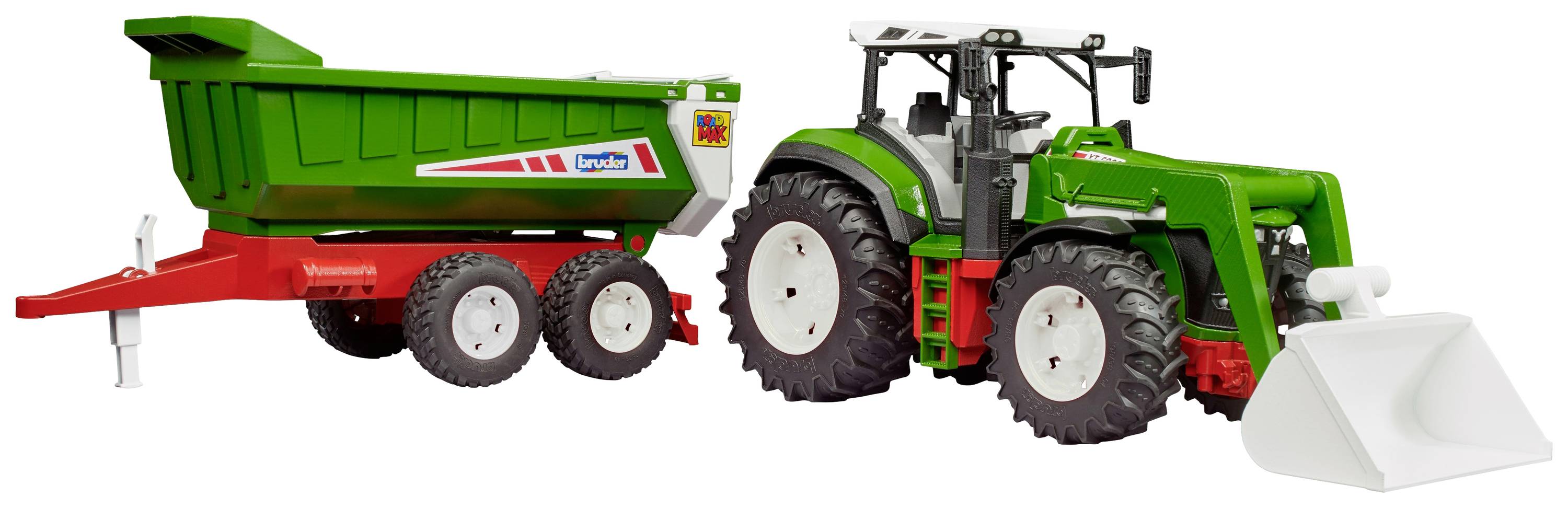 Hračkový traktor se zeleným přívěsem a bílou lžící, vhodný pro zemědělské tematické hry.