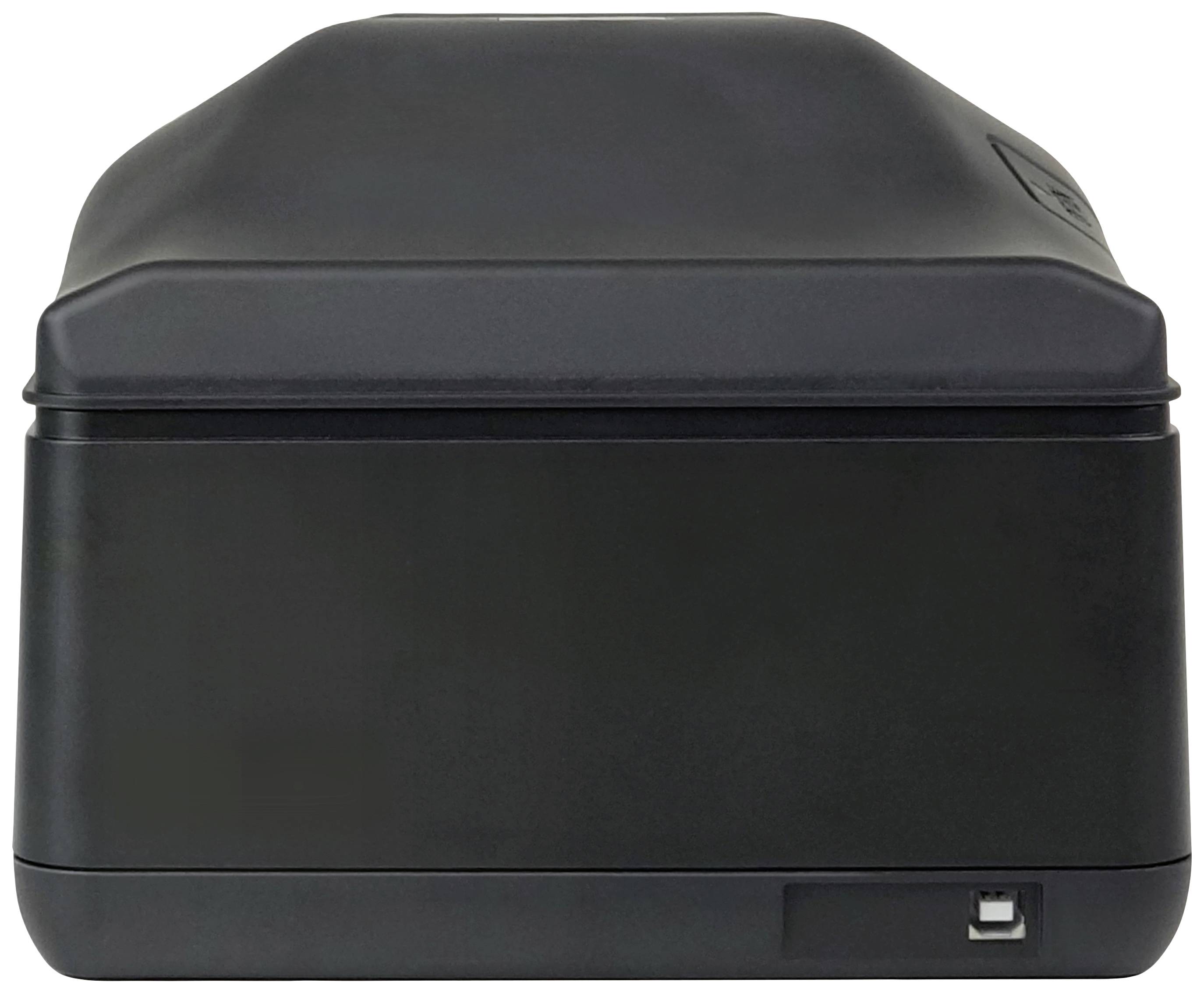 Kompaktní černá tiskárna s hladkým povrchem. Pohled zezadu odhaluje USB port v pravém dolním rohu.
