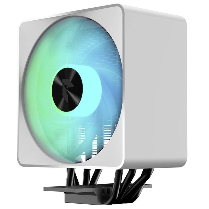 Bílý počítačový ventilátor s osvětleným modro-zeleným větrákem namontovaným na černé základně.