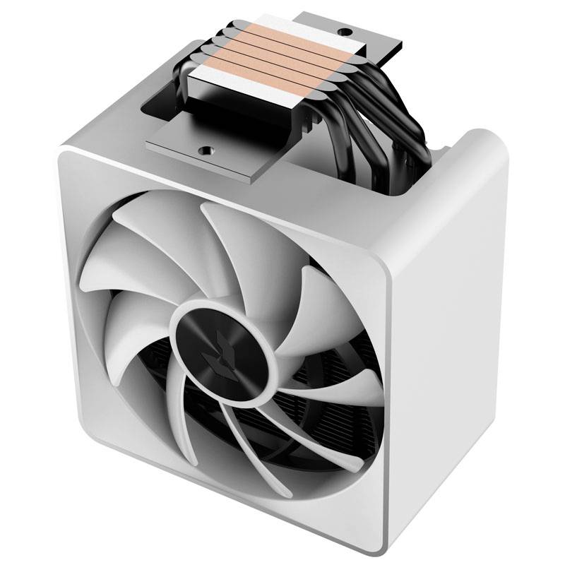 Stříbrný chladič procesoru s velkým ventilátorem a několika tepelnými trubkami určený pro chlazení v počítačích.