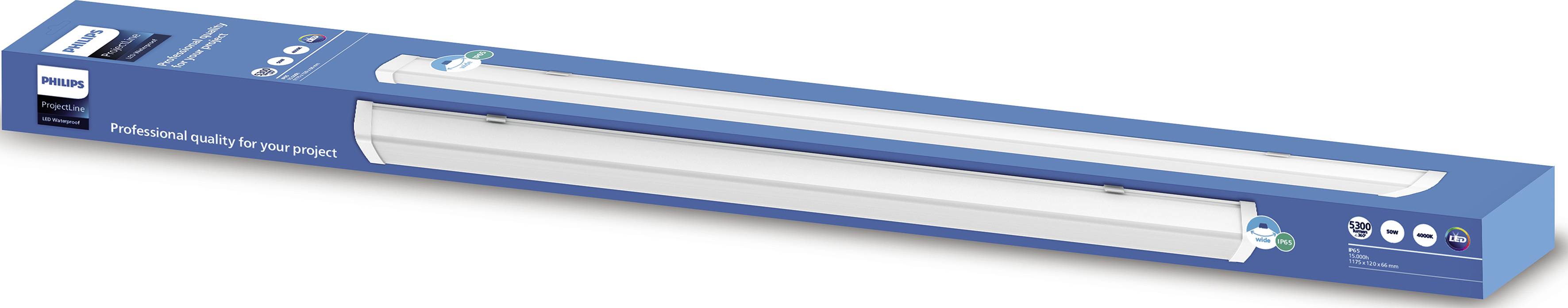 Modrý obal LED světelné lišty. Na obalu jsou viditelné logo značky a symboly energetické účinnosti a důležitých vlastností produktu.