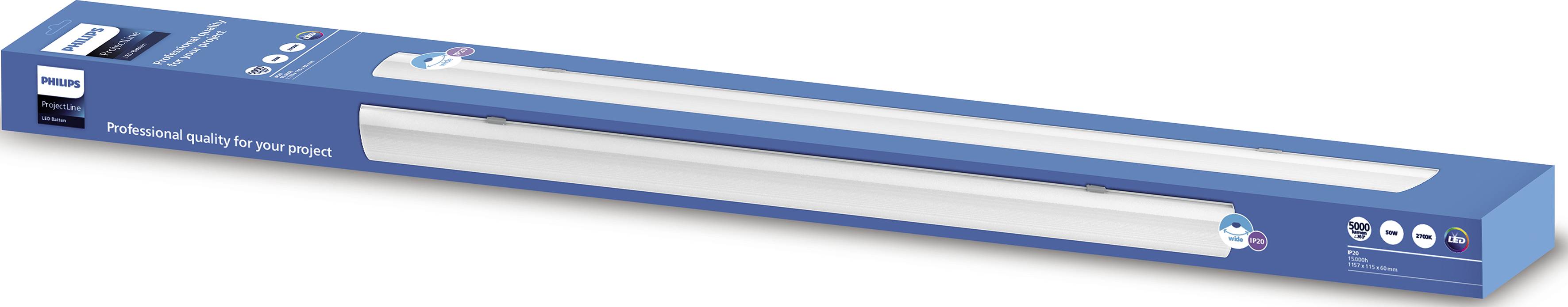 Balení LED žárovky od Philips. Modrá krabička s obrázky žárovky a symboly energetické účinnosti a dlouhé životnosti.