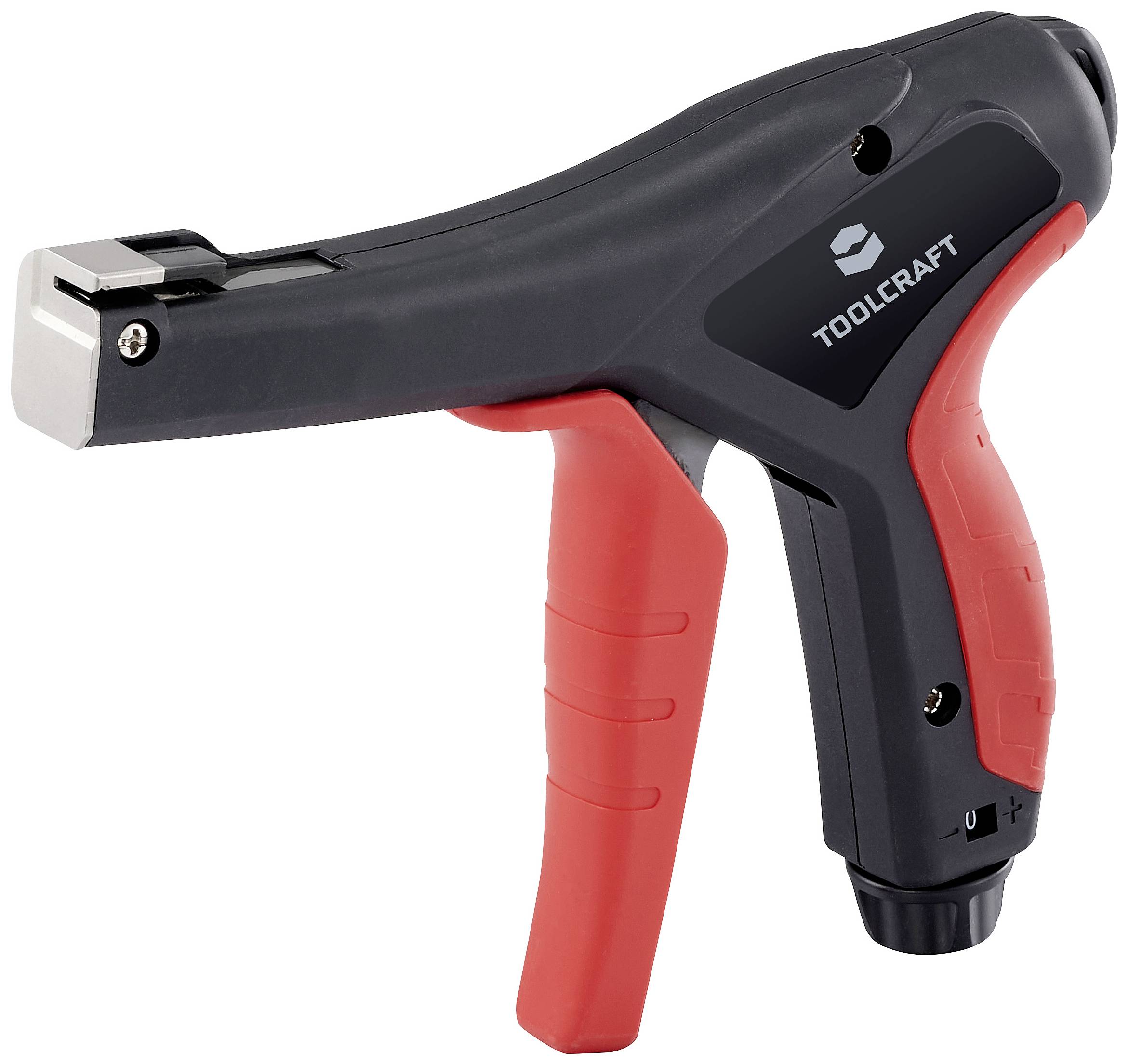 Pistole na stahovací pásky s ergonomickou rukojetí, černým tělem a červeným madlem. Na boku je viditelná značka 'Toolcraft'.