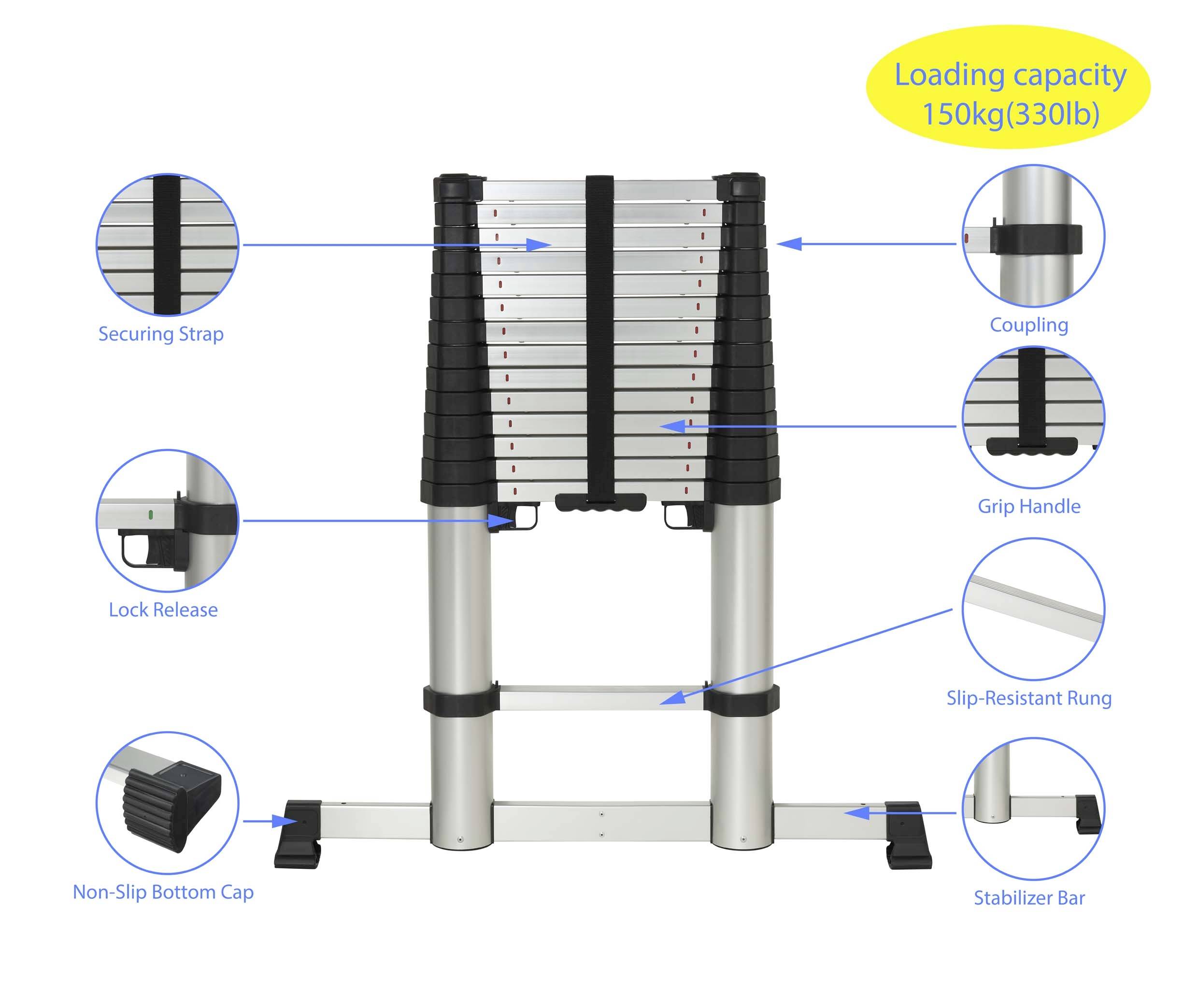 Teleskopický žebřík s maximální nosností 150 kg. Detaily: zajišťovací popruh, spojka, rukojeť, protiskluzový stupeň, stabilizátor.