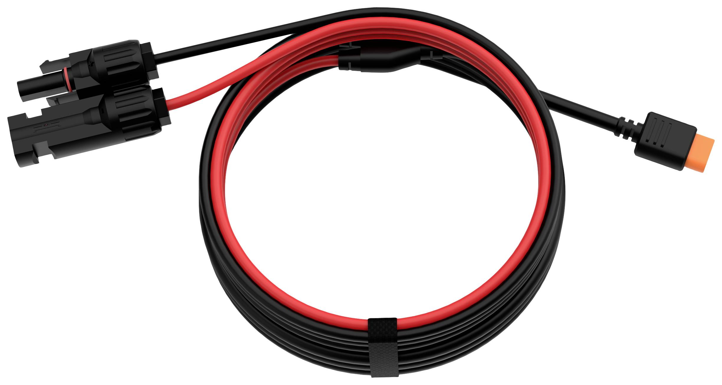 Kabel s černým a červeným opláštěním, dva zástrčky na levé straně, jedna zásuvka na straně pravé.