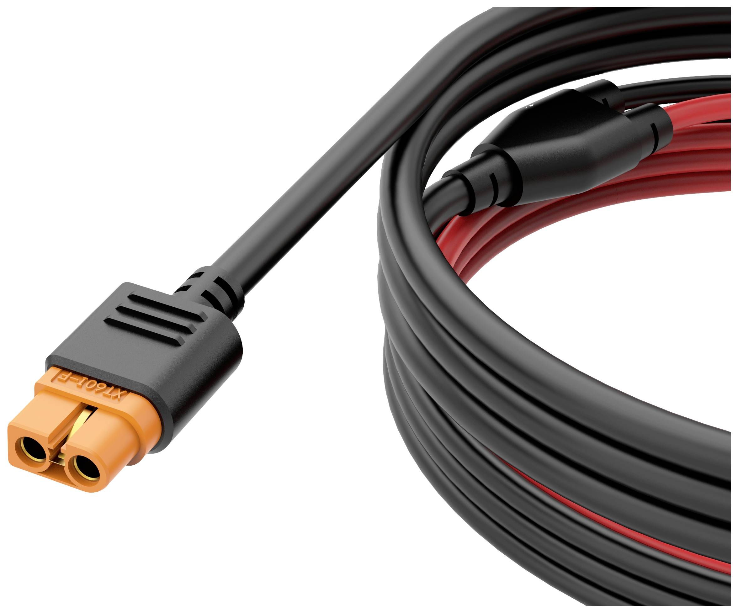 Černý a červený kabel s oranžovou zástrčkou. Kabel je částečně smotán a má dva konektory na zástrčce.