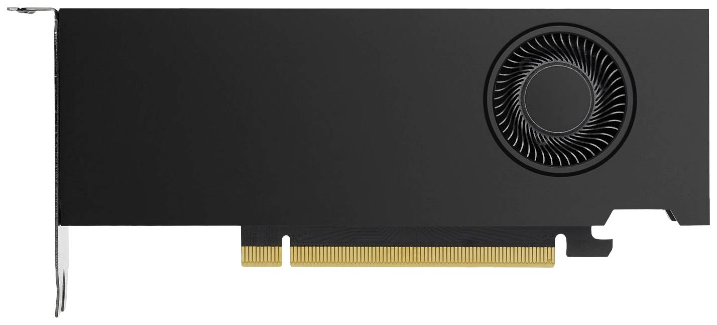 Černá grafická karta s ventilátorem vpravo, zlatý PCIe konektor dole.