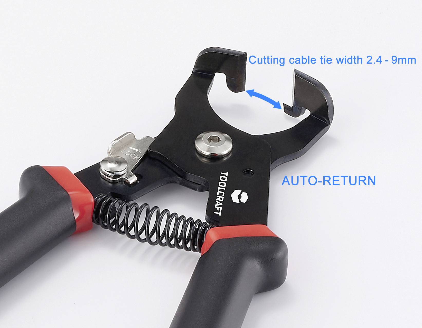 Štípací kleště TOOLCRAFT pro řezání stahovacích pásek (2,4-9 mm). Páková mechanika s automatickým návratem a pérovou rukojetí.