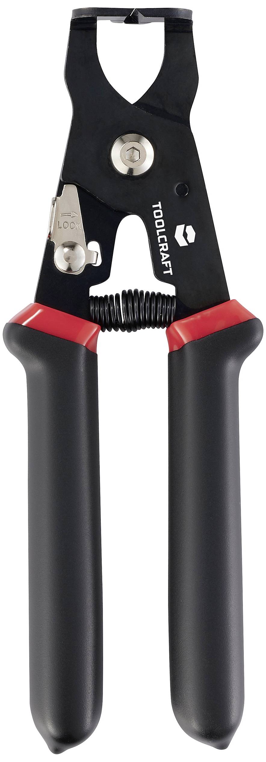 Černé a červené lisovací kleště TOOLCRAFT z kovu s plastovými rukojeťmi, vhodné pro spojování kabelů pomocí lisovaných spojů.