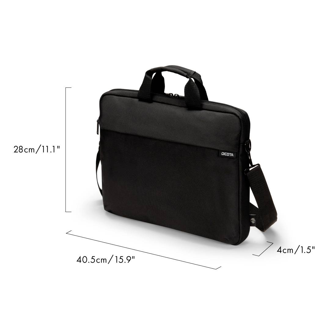 Černá taška na notebook s ramenním popruhem. Rozměry jsou 28 cm výška, 40,5 cm šířka a 4 cm hloubka.