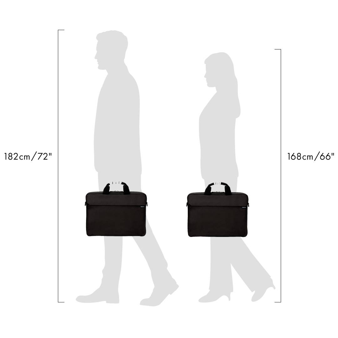 Silueta muže a ženy z bočního pohledu, kteří nesou černé aktovky, s uvedením jejich výšky. Muž měří 182 cm, žena 168 cm.