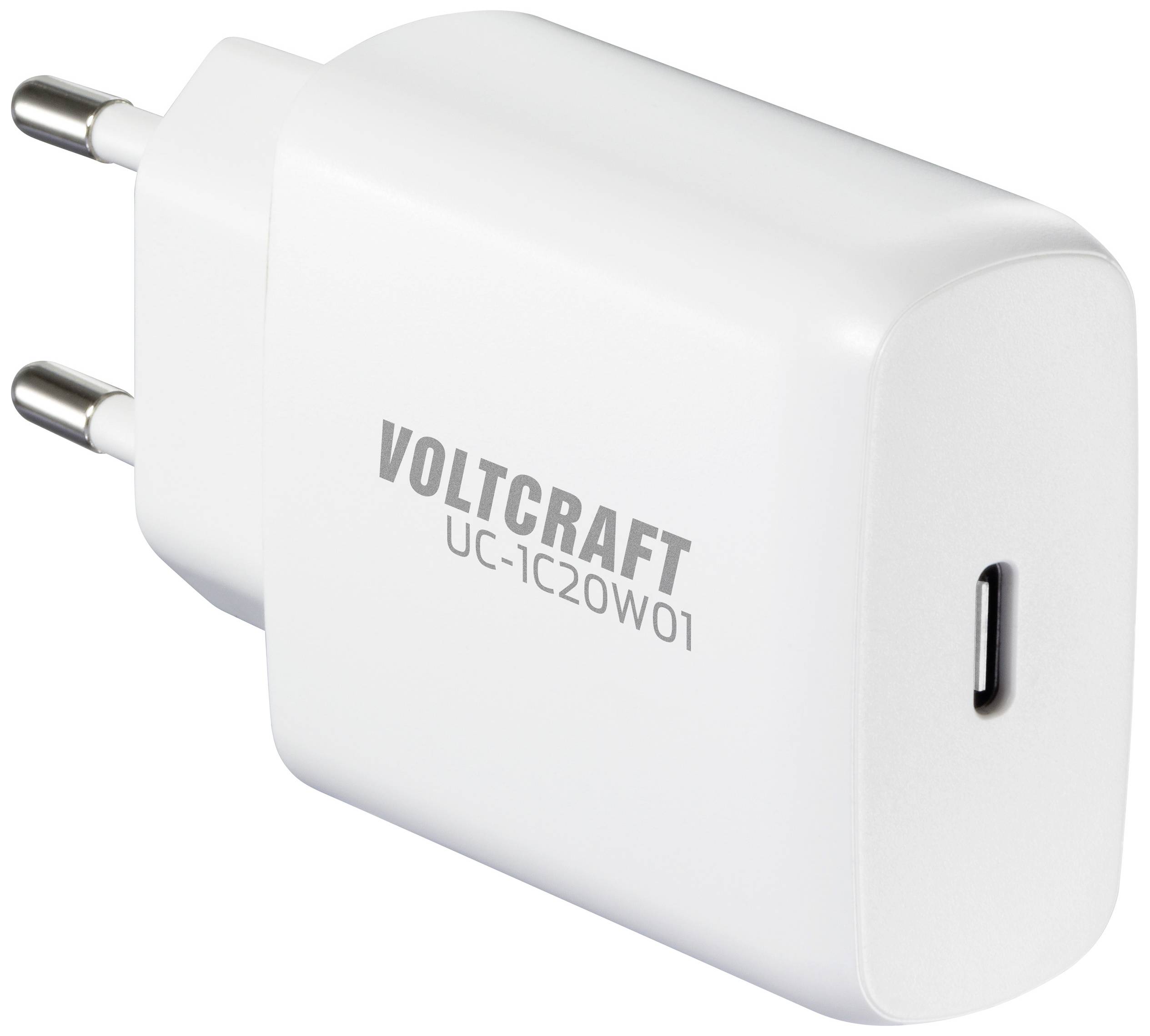 Bílá USB-C nabíječka se dvěma eurozásuvkami, na boku opatřená nápisem 'VOLTCRAFT UC-1C20W01'.