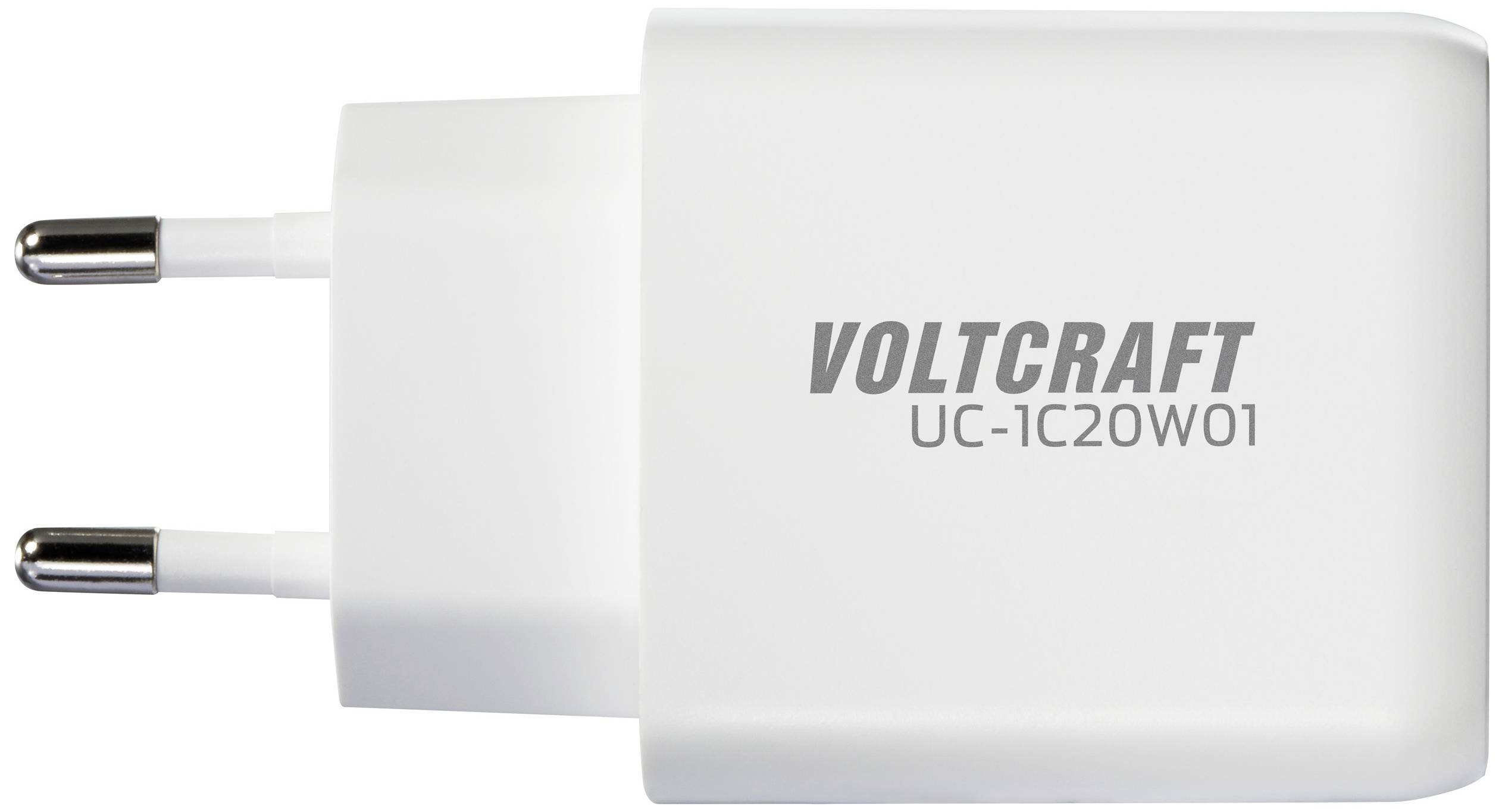 Bílá USB síťová nabíječka se dvěma kolíky a vytištěným názvem značky 'VOLTCRAFT UC-1C20W01'.