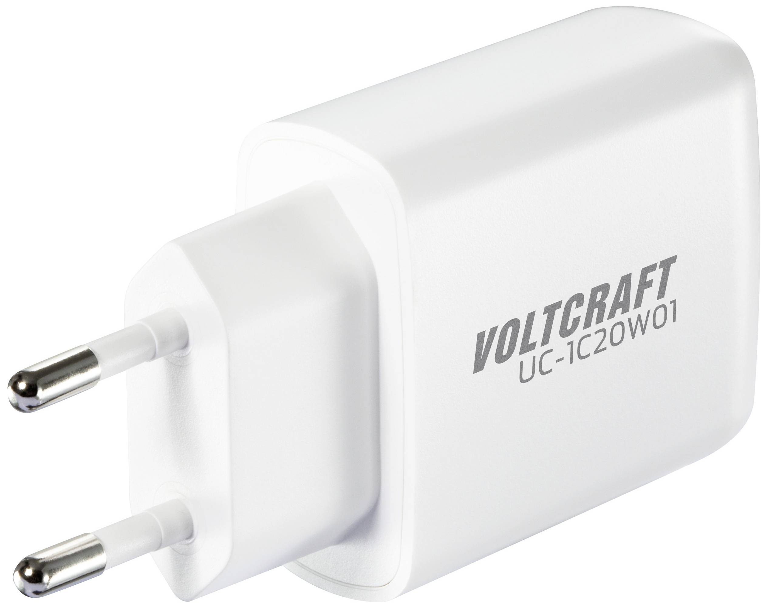 Bílá USB nabíječka s evropskou zástrčkou, s vytištěným názvem značky 'Voltcraft' a modelovým číslem 'UC-1C20W01'.