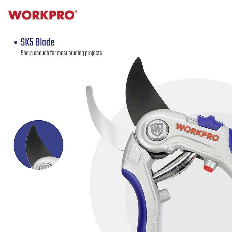 Zahradnické nůžky značky WORKPRO s ostrou čepelí SK5, vhodné pro řezací práce.