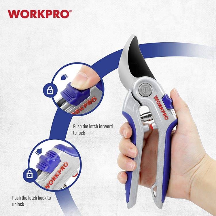 'WORKPRO' Zahradní nůžky zobrazují dva návody: 'Posuňte západku dopředu pro zamknutí', 'Posuňte západku dozadu pro odemknutí' se šipkami.